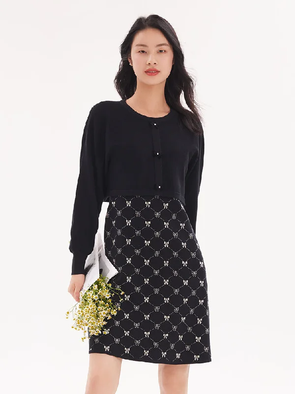 Bowknot Round Neck Jacquard Dress And Cardigan Two-piece Set