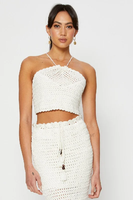 White Knit Top Crop Crochet