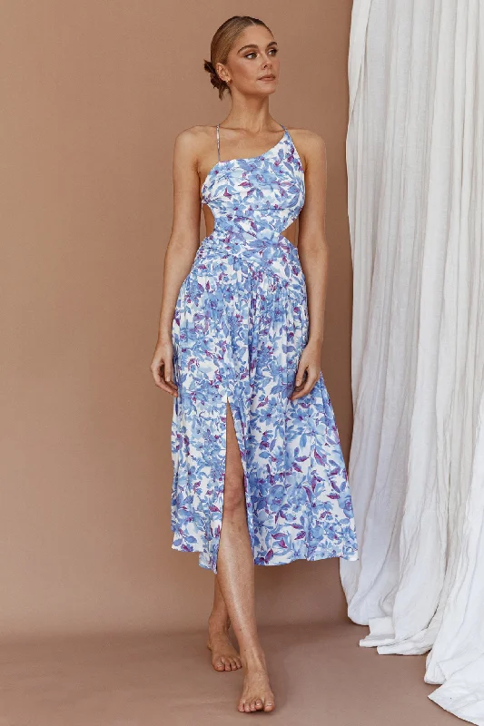 Destination Open Back Midi Dress Floral Blue