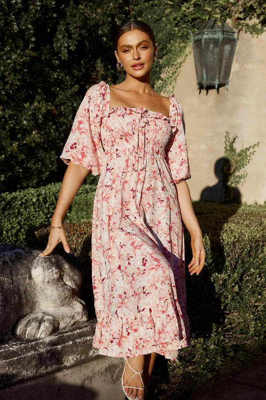 Flynn Balloon Sleeve Shirred Midi Dress Floral Pink