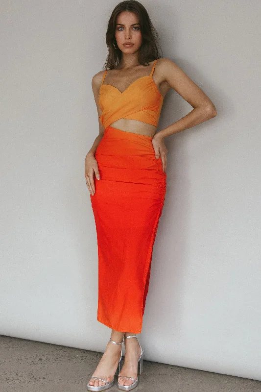 Heart On Fire Cut-Out Waist Midi Dress Orange/Red