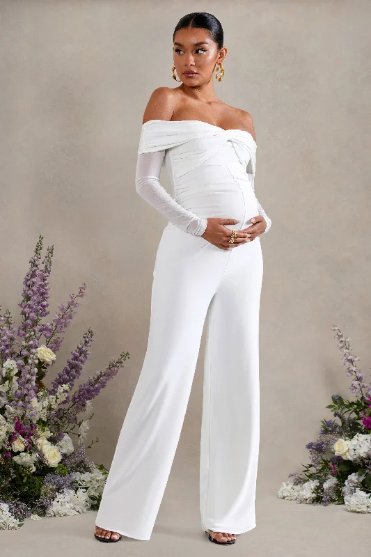 Kyla | White Ruched Bardot Long-Sleeved Wide-Leg Maternity Jumpsuit