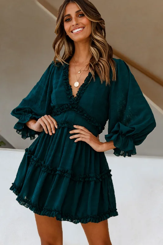 Laney Cutout Back Balloon Sleeve Dress Forest Green