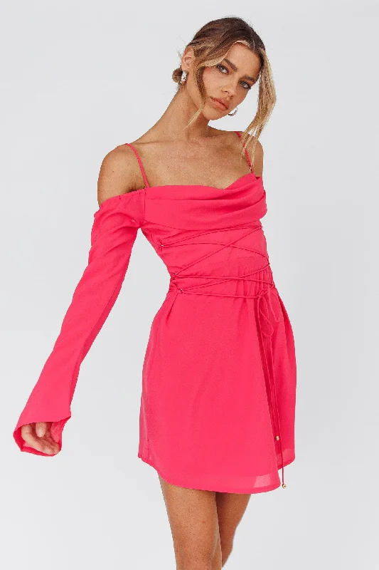 Teava Off-Shoulder Sleeve Laced Mini Dress Hot Pink