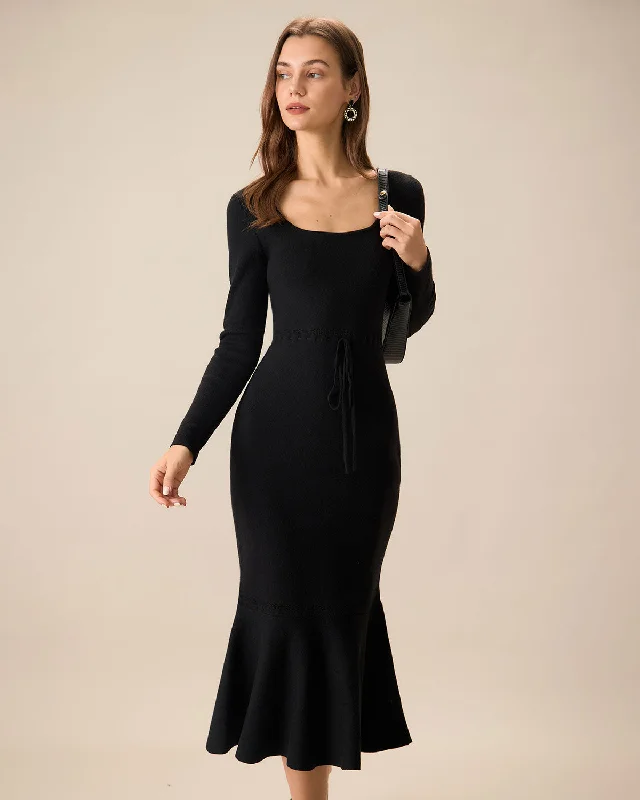 Women's Black Square Neck Mermaid Sweater Maxi Dress