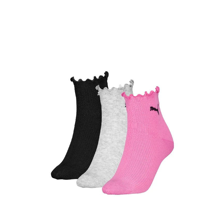 Puma® Women's Ruffle Edge Quarter Socks 3 Pair Pack - Pink-Black-Grey