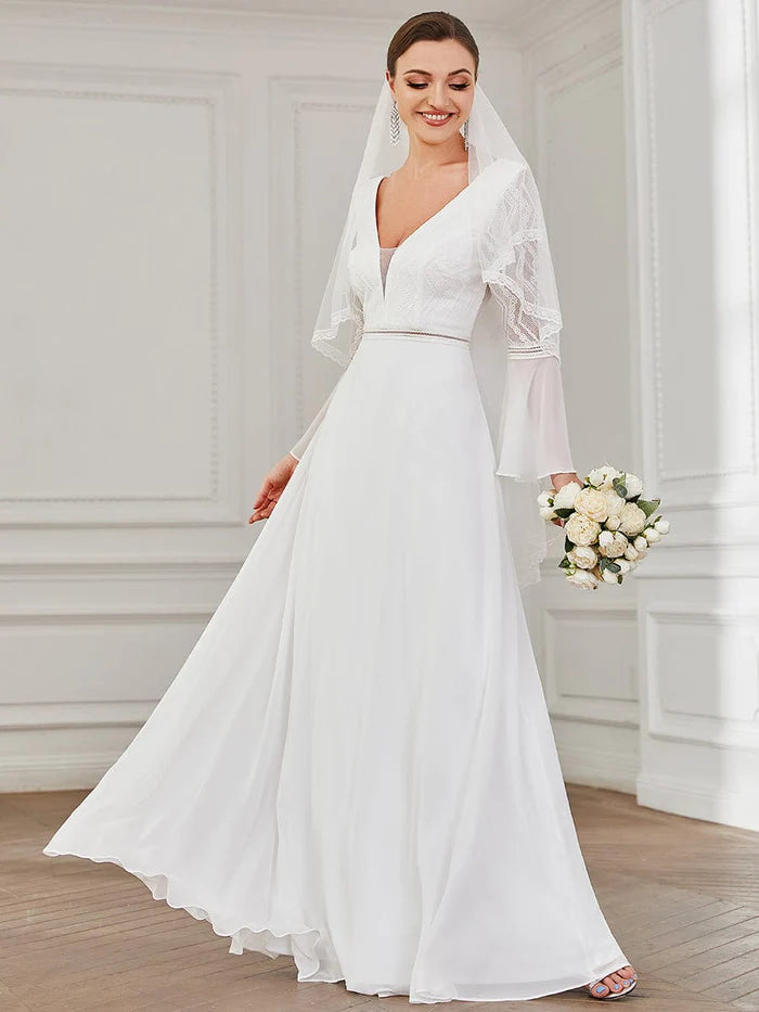 Bell Sleeve Chevron Lace V-Neck A-Line Wedding Dress