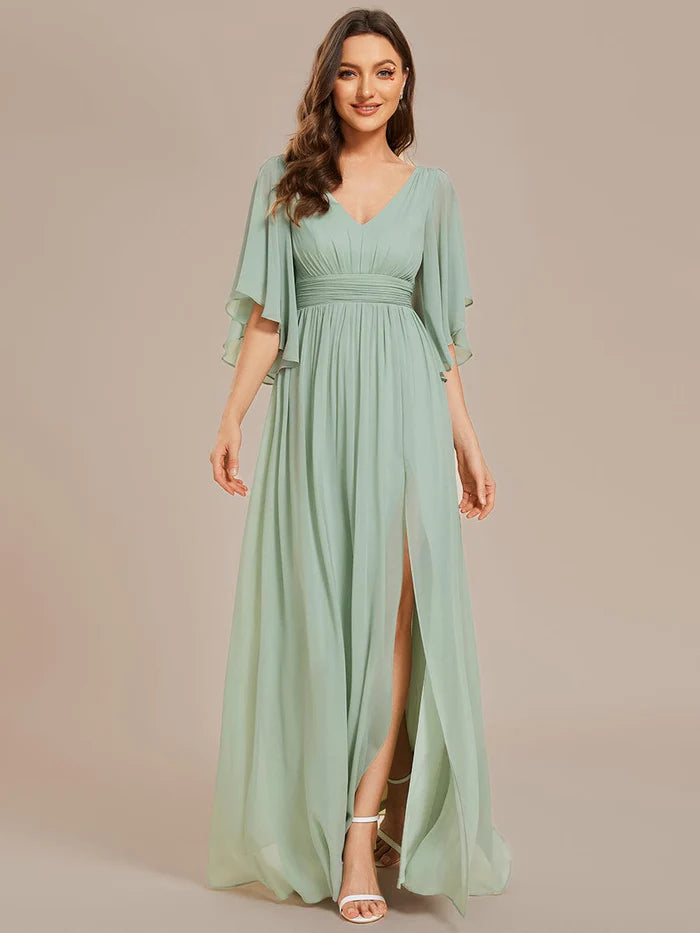 Chiffon A-Line Half Sleeves High Slit Bridesmaid Dress