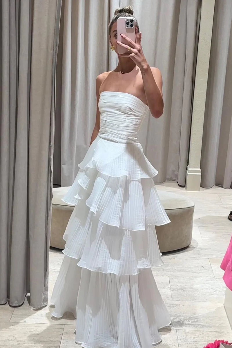 Cute A-Line Srapless Tiered Wedding Dresses Long Prom Dress