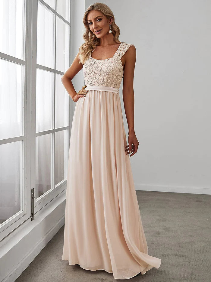 Elegant A Line Long Chiffon Bridesmaid Dress With Lace Bodice