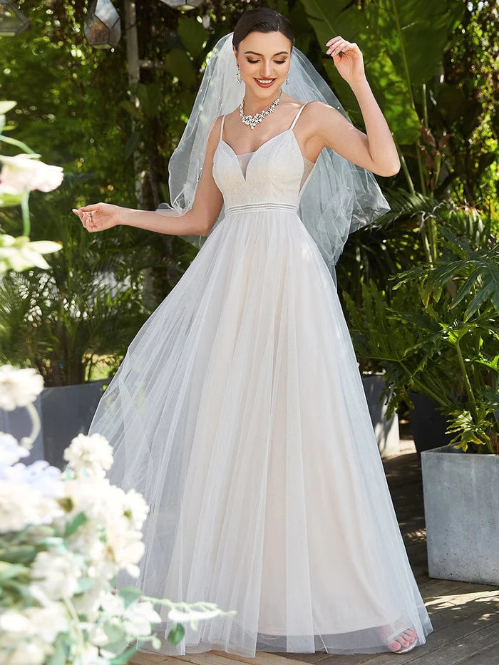 Lace V-Neck Spaghetti Strap Empire Waist Tulle Wedding Dress