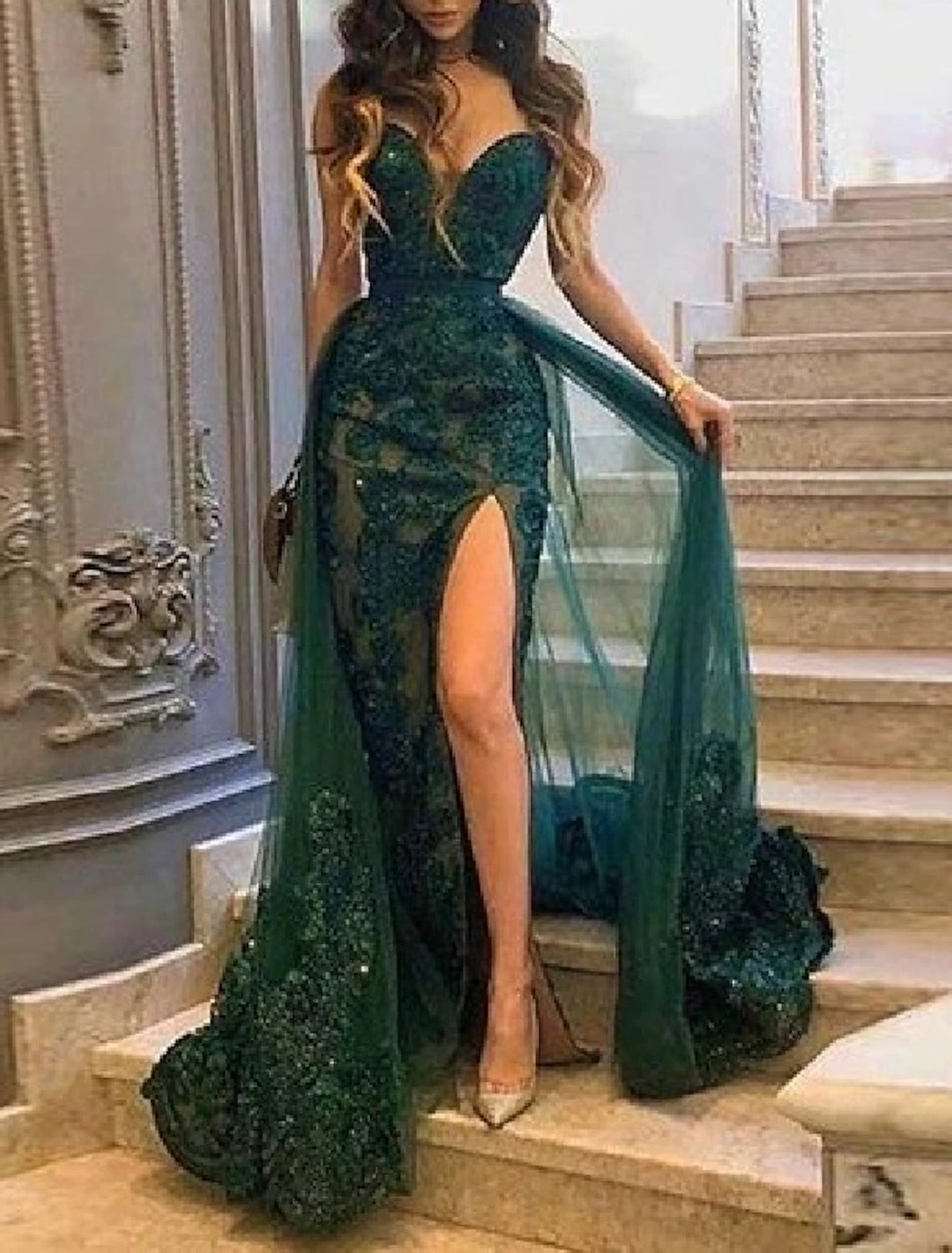 Mermaid Prom Dresses Emerald Green Dress Christmas Red Green Dress Wedding Guest Court Train Sleeveless Strapless Tulle with Slit Appliques