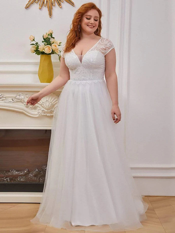 Plus Size Lace Cap Sleeves Casual Applique Outdoor Wedding Dress