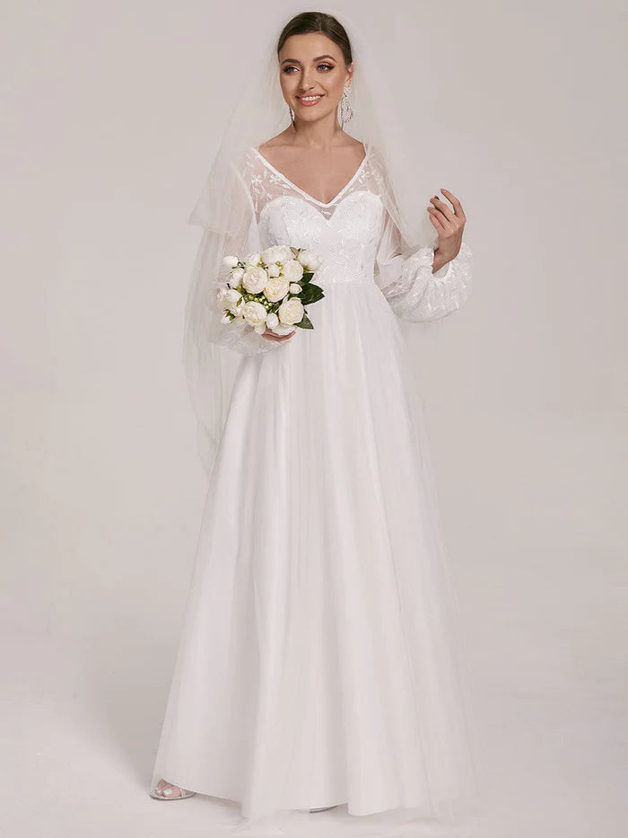 Sheer Floral Puffed Sleeve Sweetheart A-Line Wedding Dress